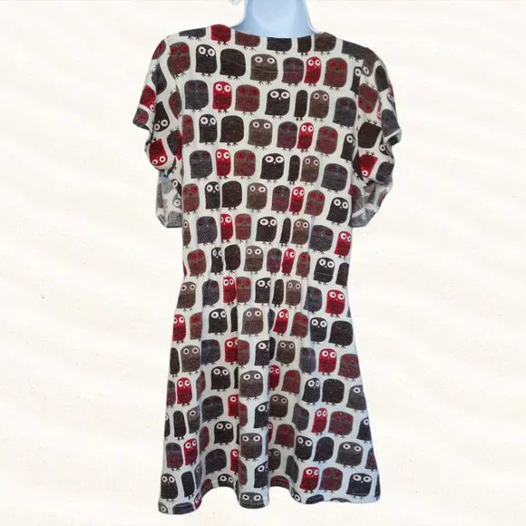OWL boho dress or top • Large Jrs cream & brown bird OB2-12 - Picture 4 of 5